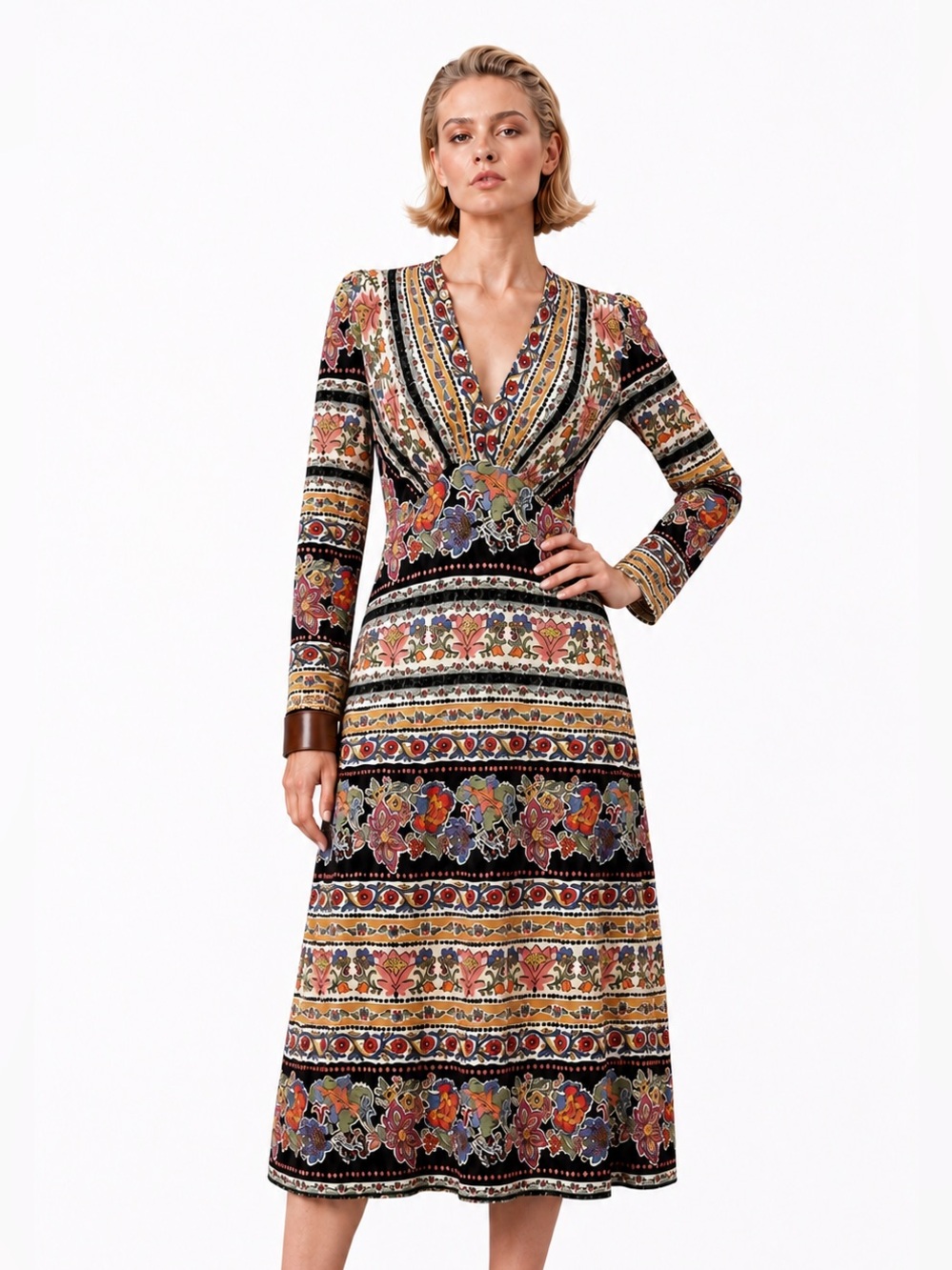 Boden Boho Floral V-Neck Midi Dress - Black & vibrant Multicolor- 6P